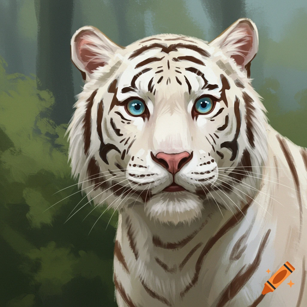 A white tiger headshot in a forest.