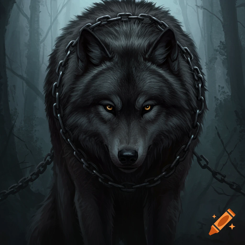 A black wolf with chains in a dark forest