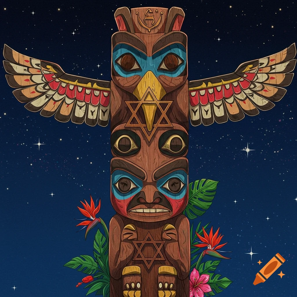 A carved totem pole with wings and Stars of David against a starry night sky, with tropical plants at the base.