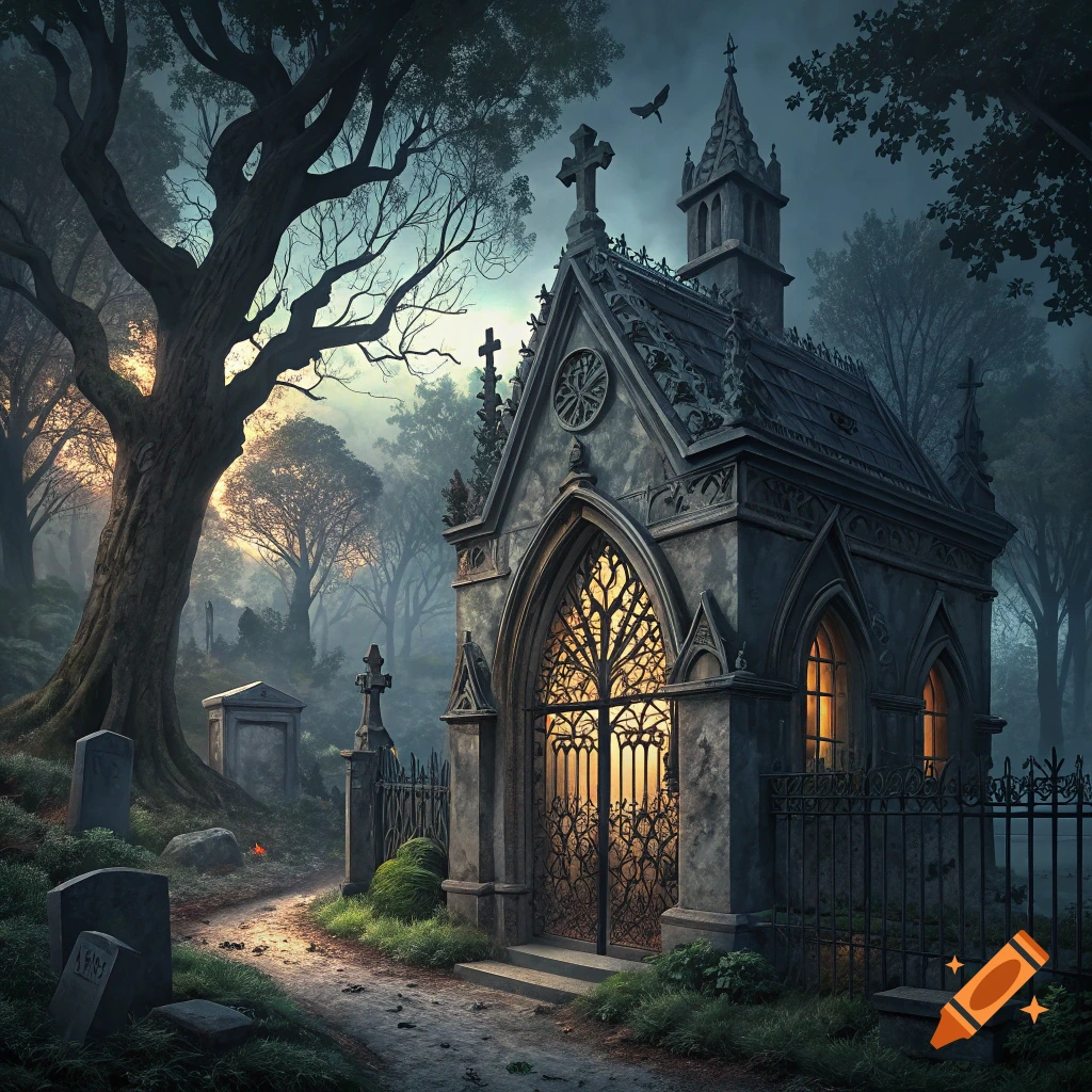A gothic stone crypt stands in a spooky graveyard at dusk with a large tree and fence.
