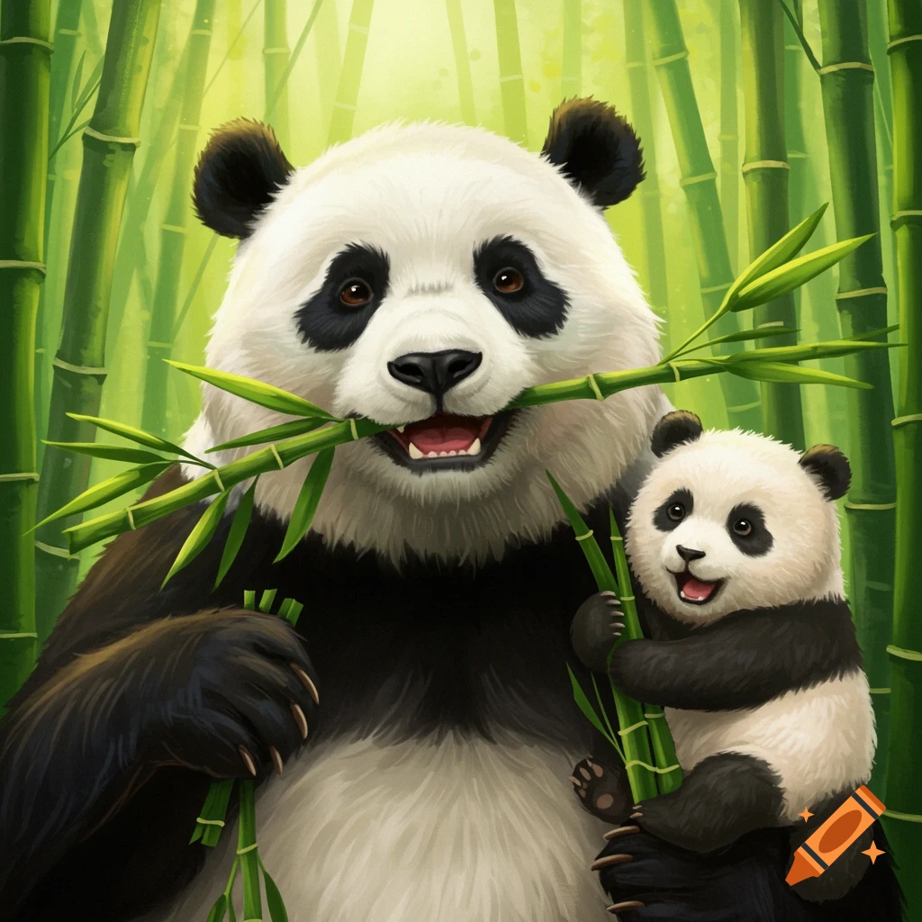 A whimsical image of an adult panda and baby panda eating bamboo in a forest.