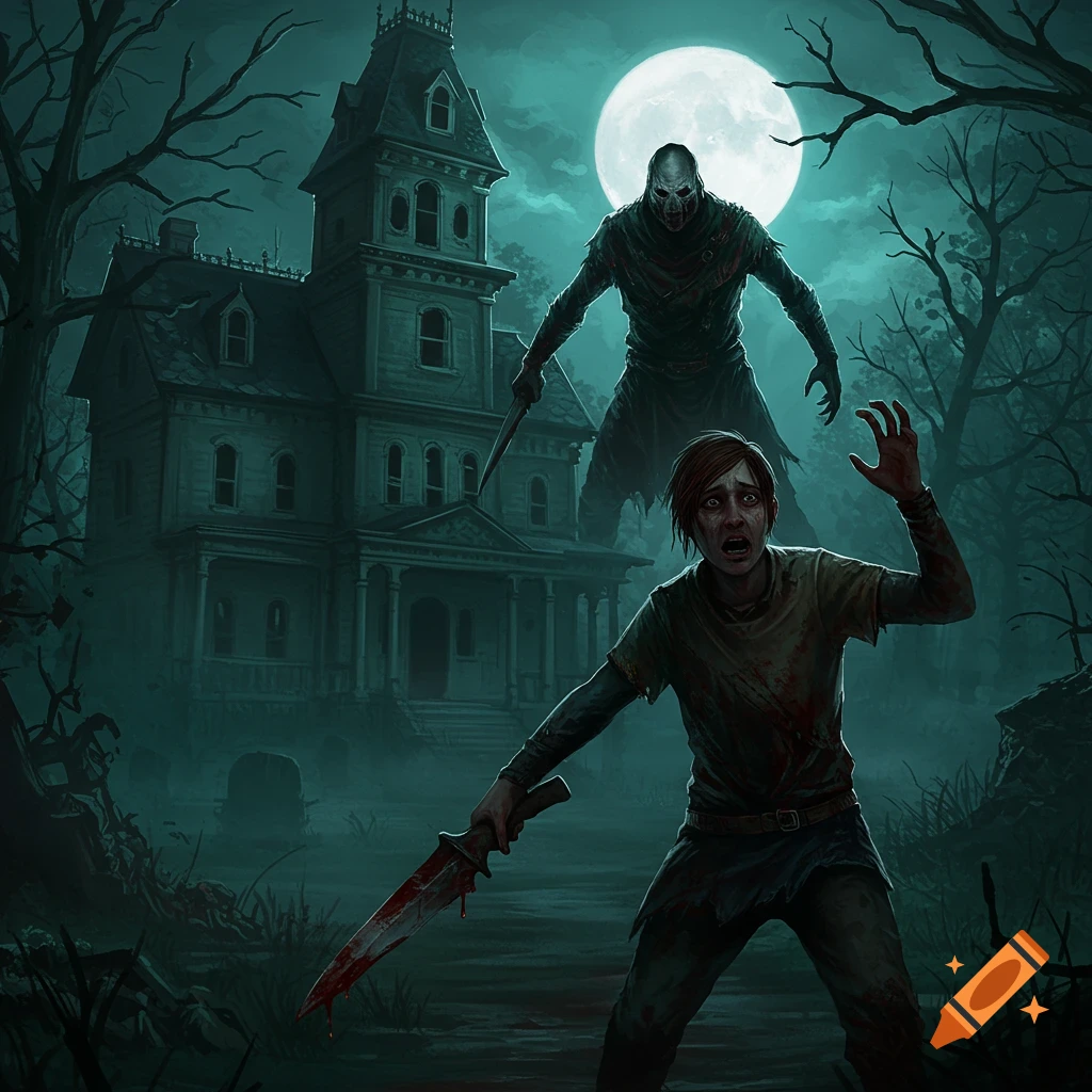 A person with a bloody knife runs from a monster outside a haunted house under a full moon.