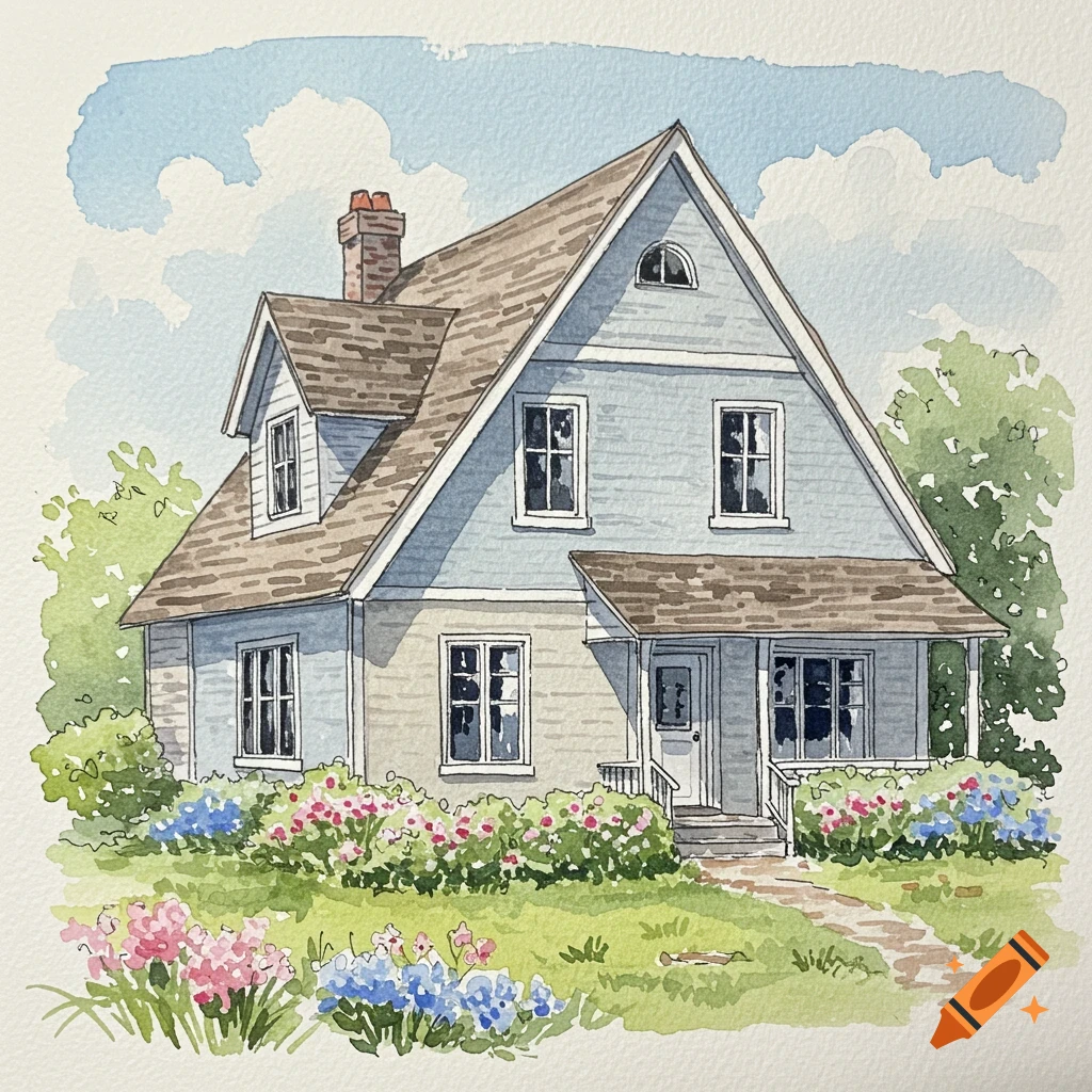 Watercolor painting of a blue house with a garden