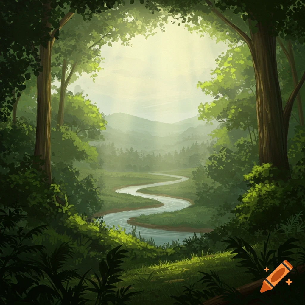 A winding river flows through a sunlit forest