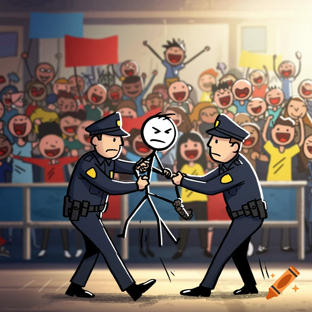 Two cartoon police officers arrest a stick figure in front of a cheering crowd.