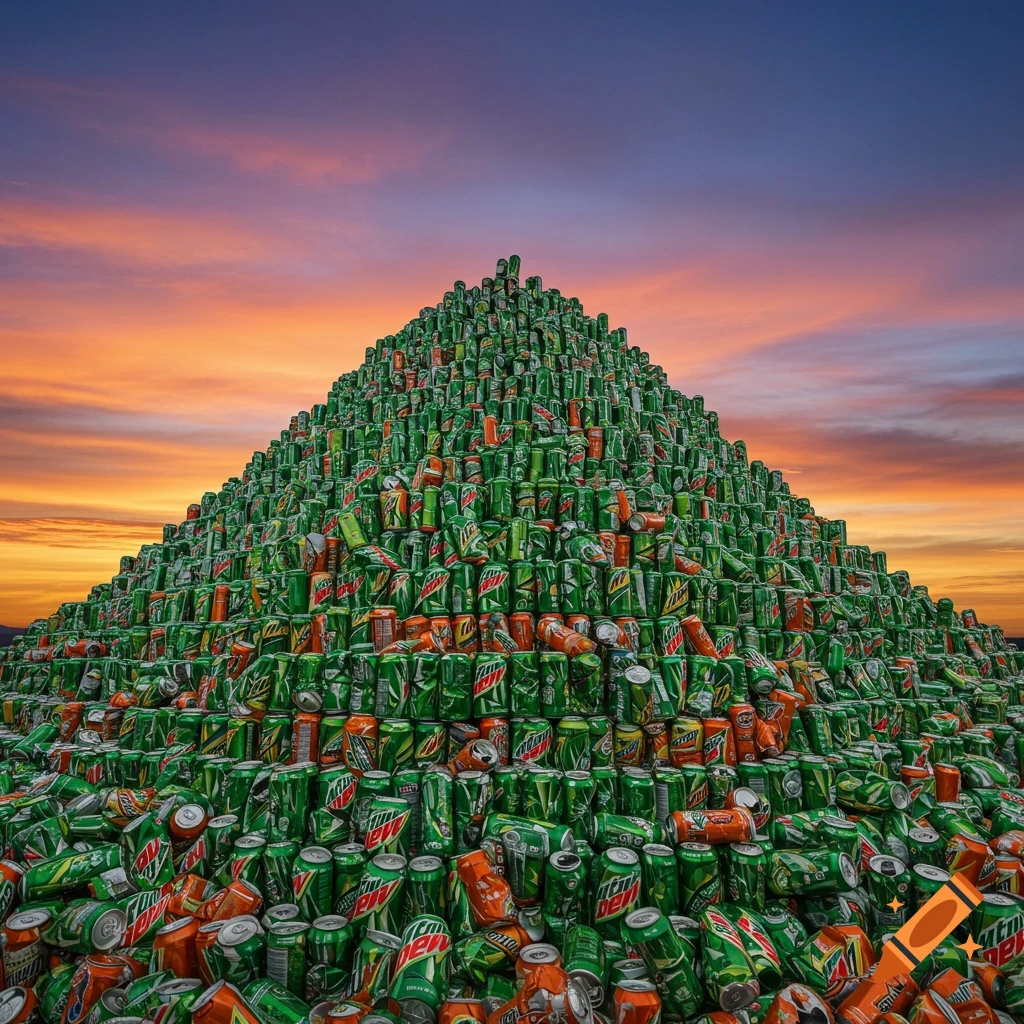 A giant pyramid of green and orange soda cans against a sunset sky.