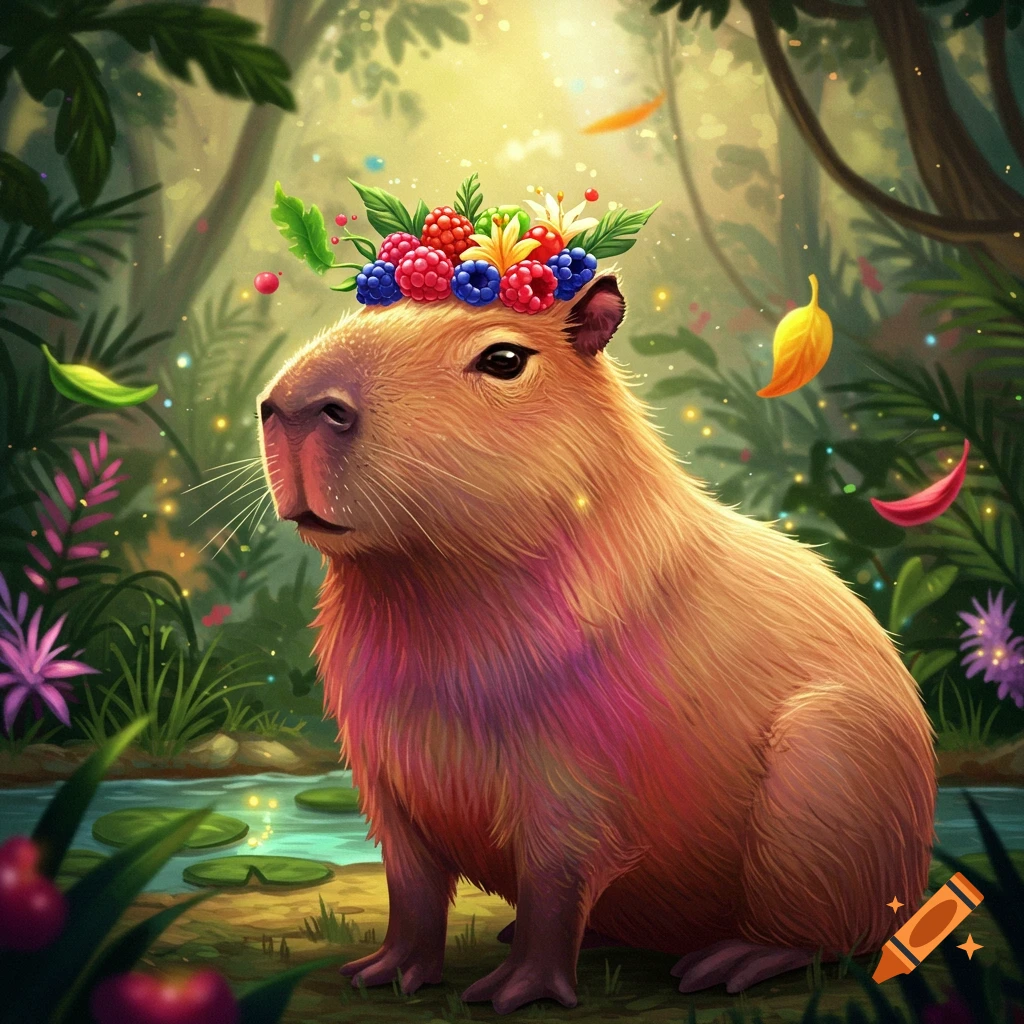 A capybara wears a berry and flower crown in a forest.