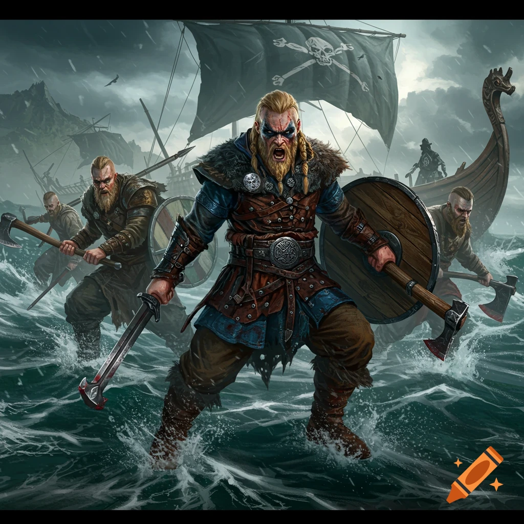 Fierce Vikings in a stormy sea with ships.