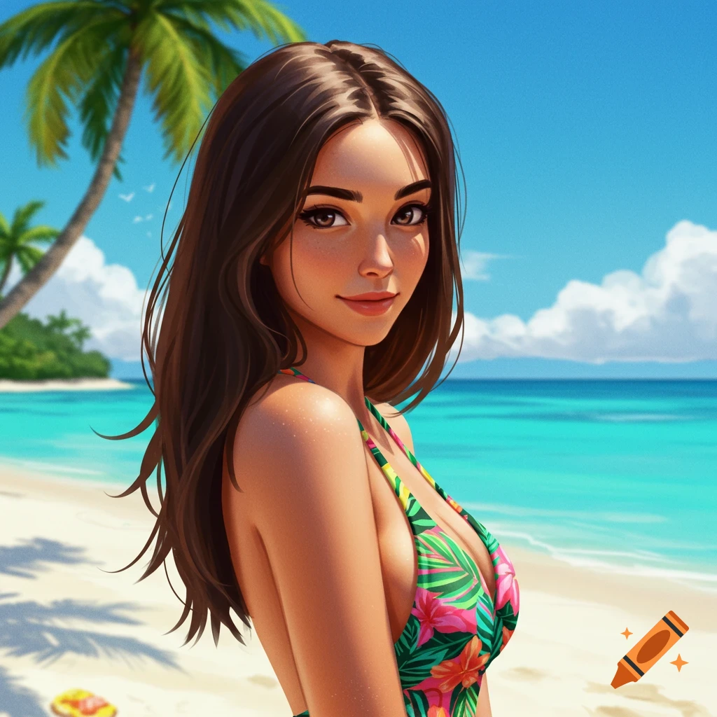 A woman in a tropical print swimsuit on a beach.