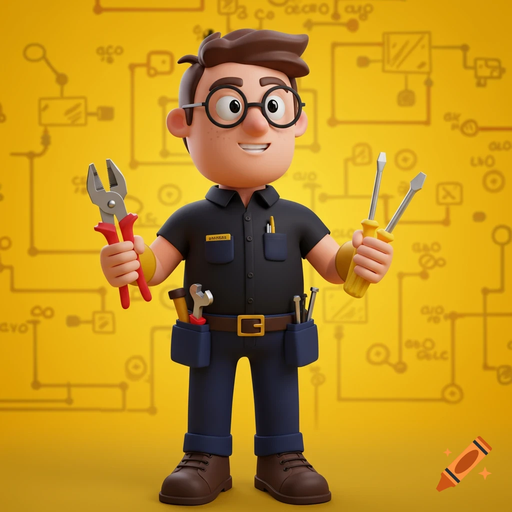 A 3D cartoon electrician character holds pliers and screwdrivers against a schematic background.