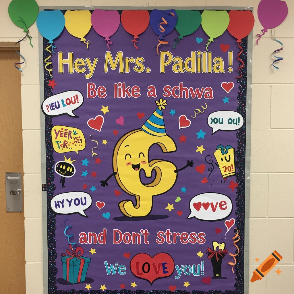 A colorful bulletin board celebrating Mrs. Padilla with text, hearts, stars, balloons, gifts, and a character representing a schwa symbol.