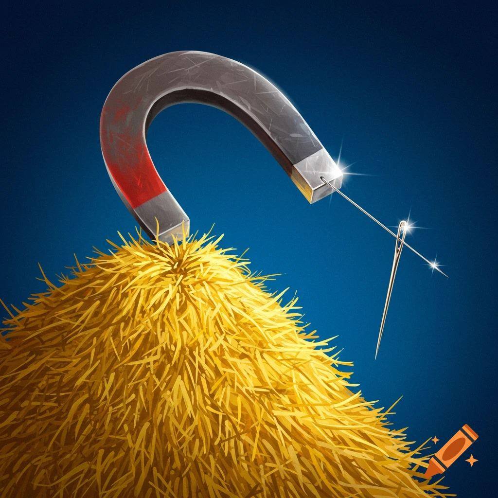 A large magnet pulling a needle from a haystack.