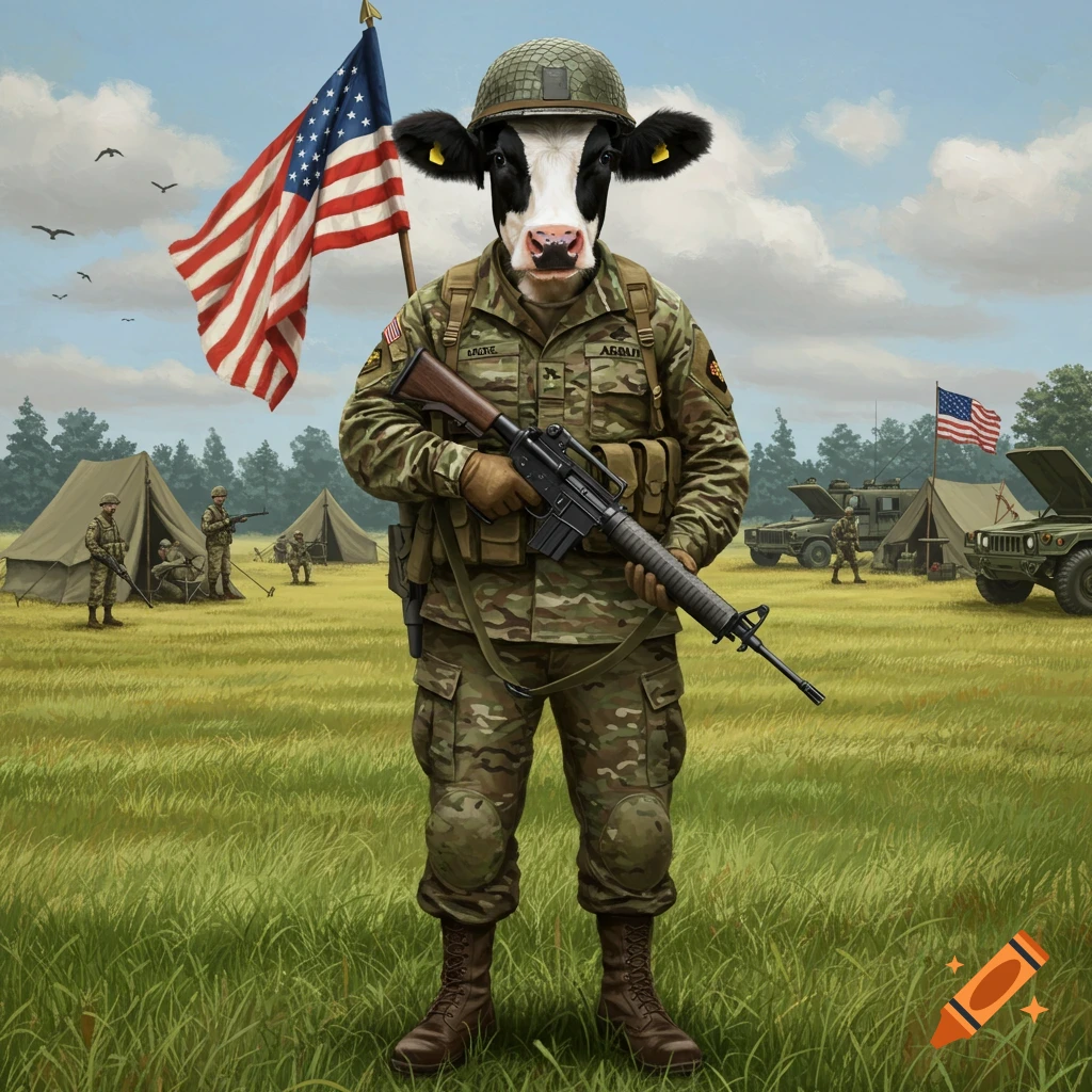 A cow in a military uniform stands in a camp with a US flag.