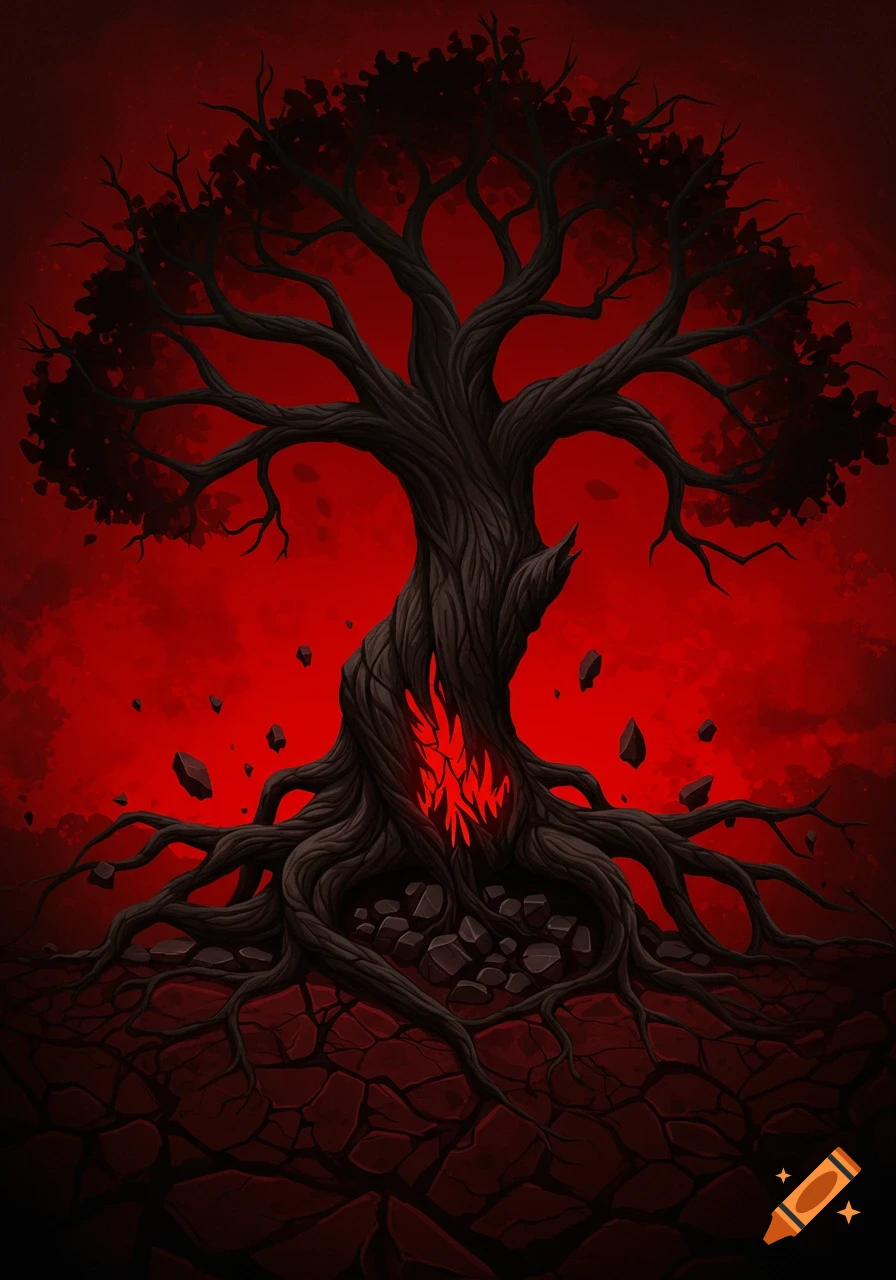A dark, gnarled tree with glowing red on its trunk, set against a deep red background with falling rocks and cracked earth.