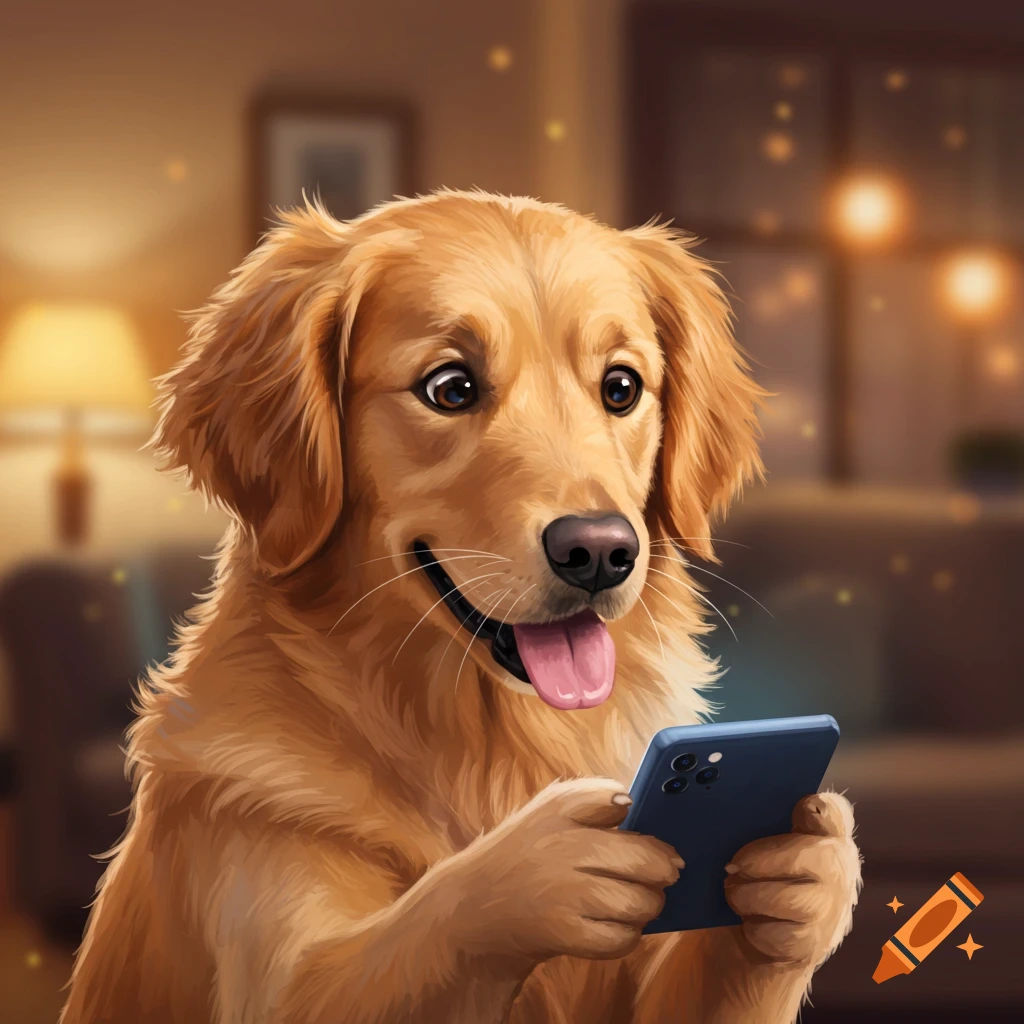 A golden retriever dog looks at a smartphone.