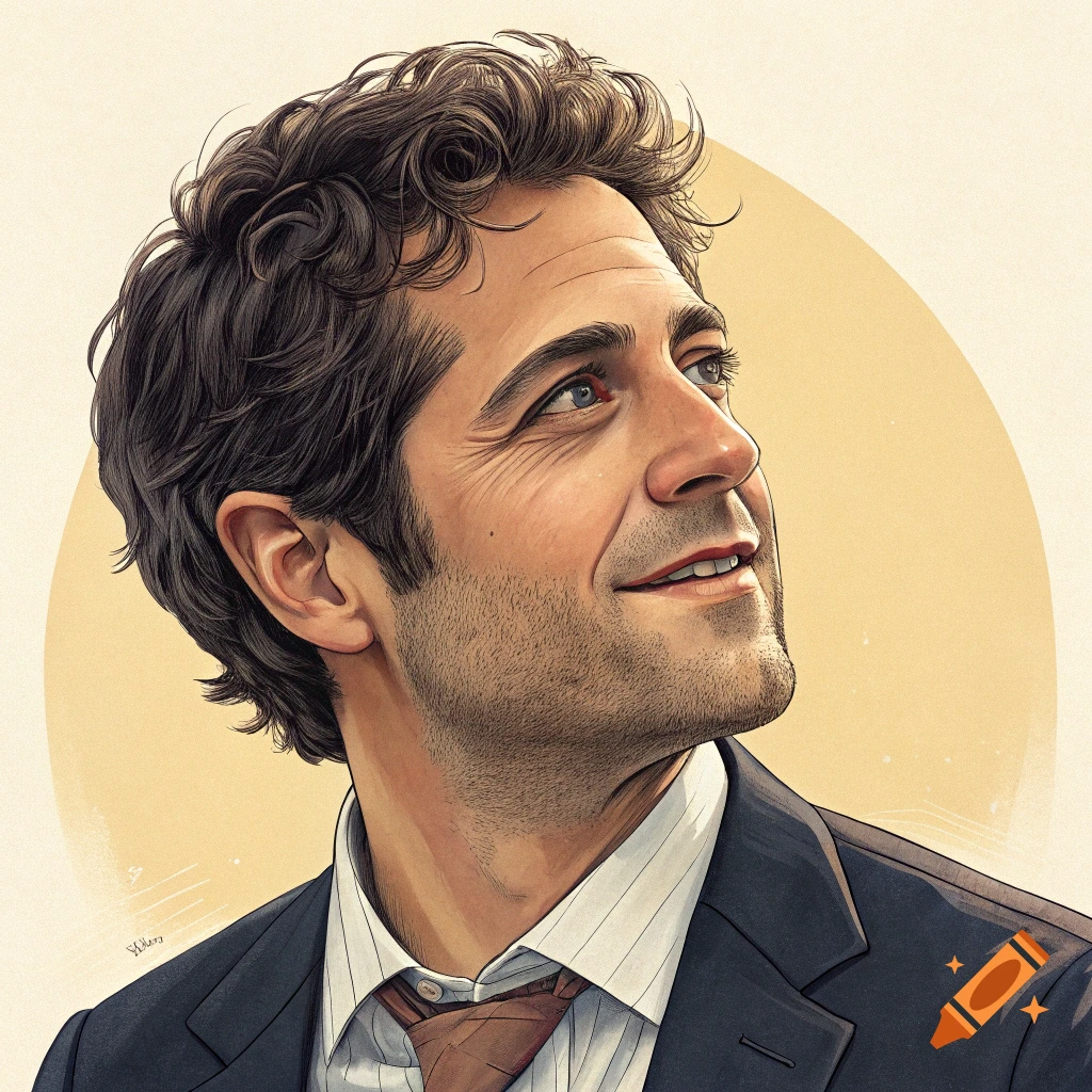 Stylized portrait of a man in a suit against a yellow background.