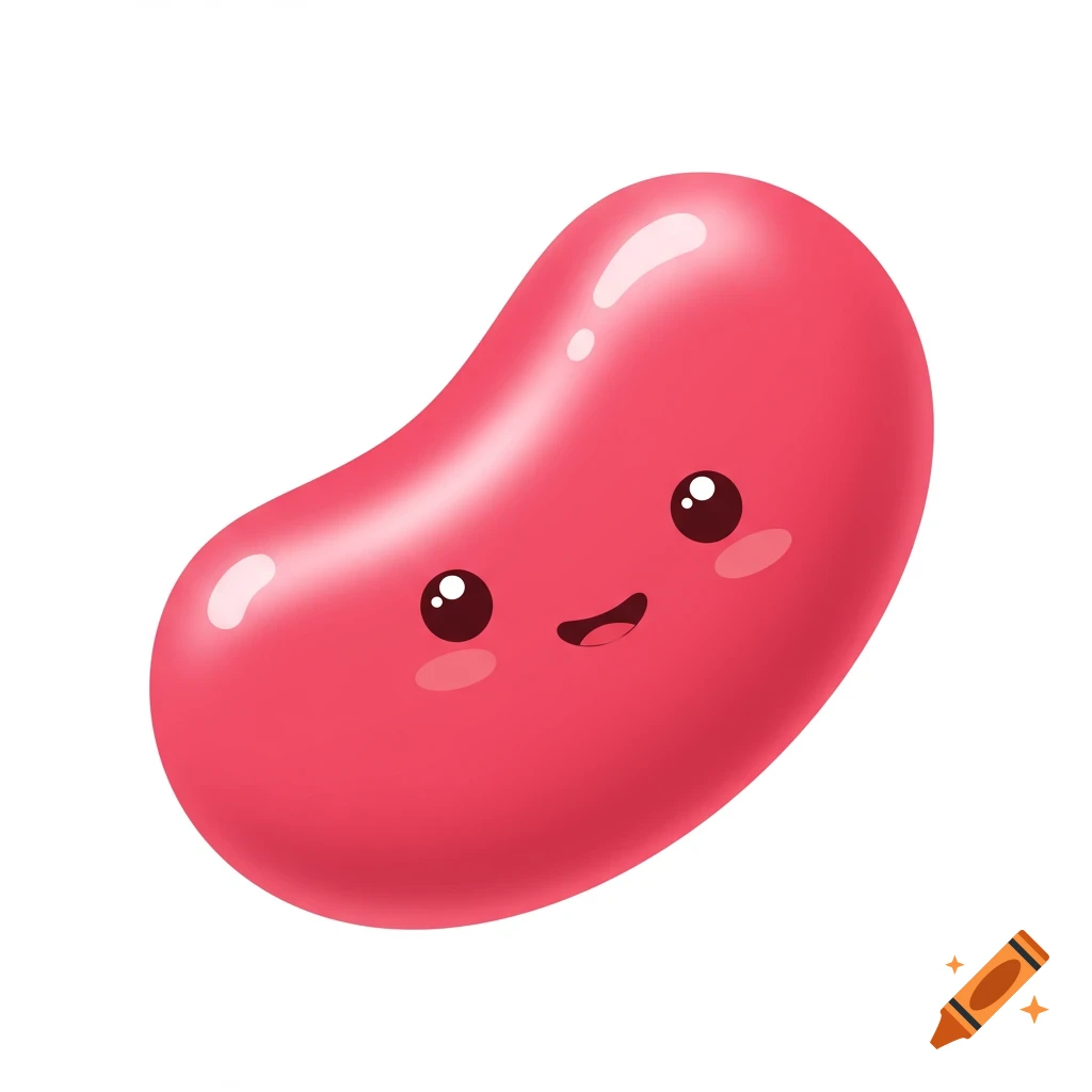 A pink jelly bean with a cute cartoon face.
