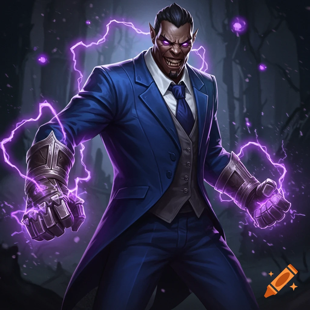A figure resembling Razor from Dota 2 in a blue suit with glowing purple eyes, surrounded by purple lightning effects.