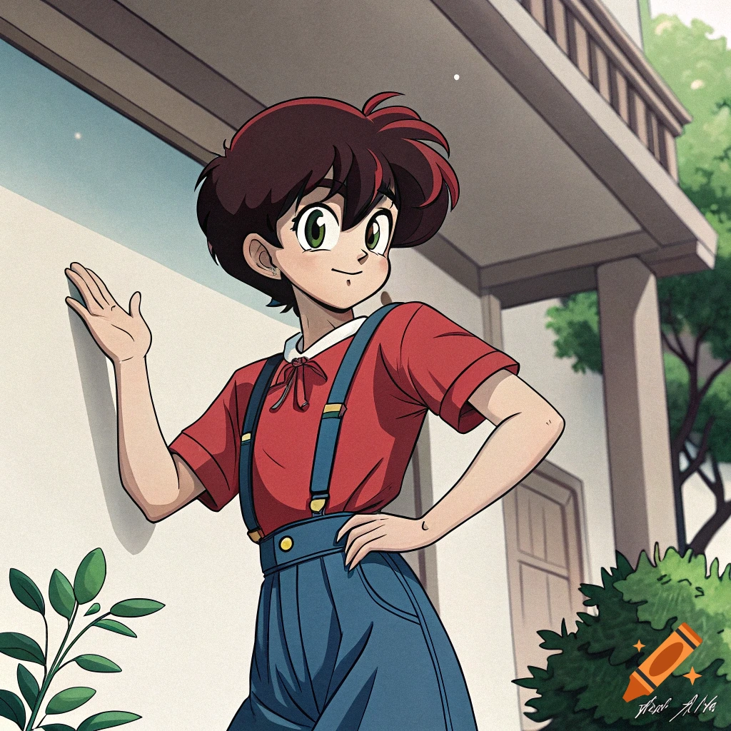 Anime character in red shirt and blue overalls waves, standing outdoors in anime style.