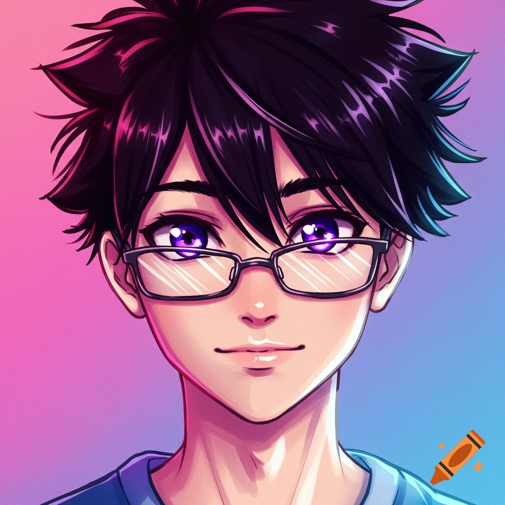 Anime portrait of a boy with short black spiky hair, purple eyes, and glasses.