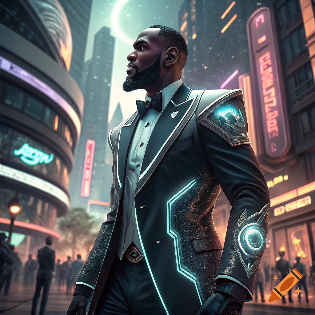 A man in a futuristic glowing tuxedo stands in a cyberpunk city.