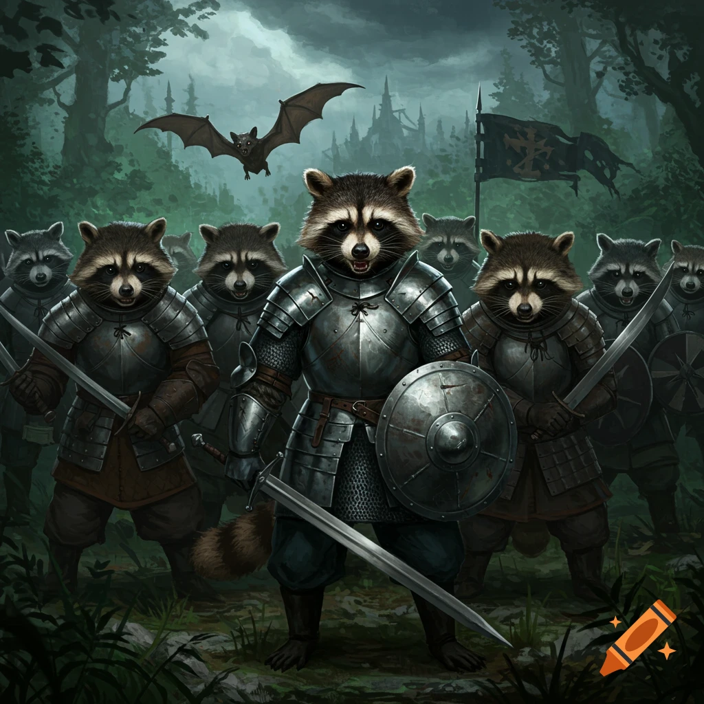 An army of armored raccoons stands ready for battle in a forest, with a bat flying overhead.