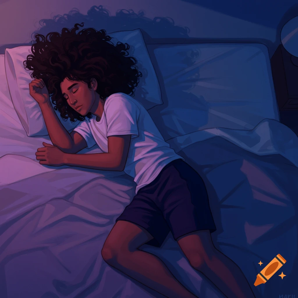 A person with large curly hair is sleeping peacefully in bed at night.