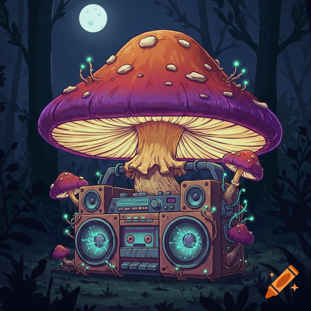 A large mushroom grows out of a boombox in a dark forest under a full moon.