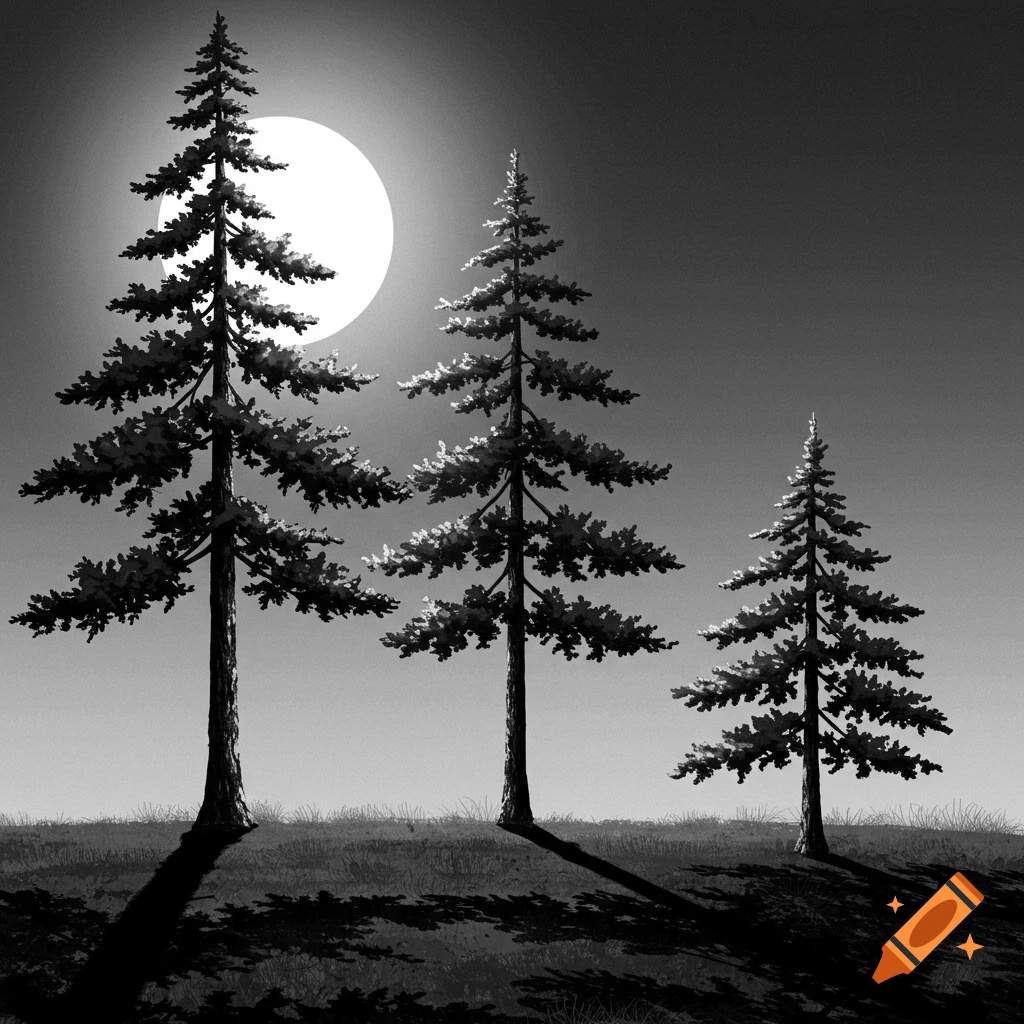 Black and white image of three pine trees on a hill under a large full moon.