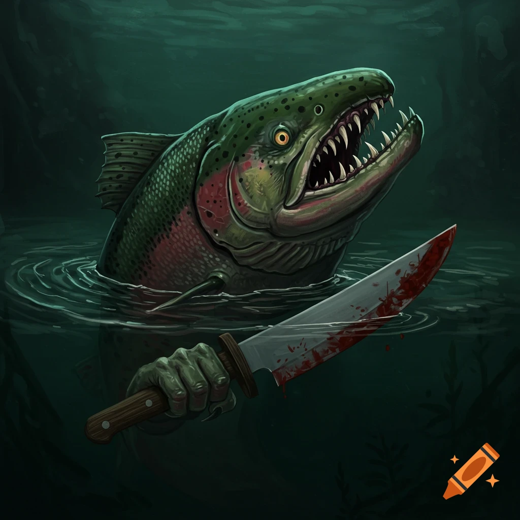 An evil salmon emerging from water holding a bloody knife.