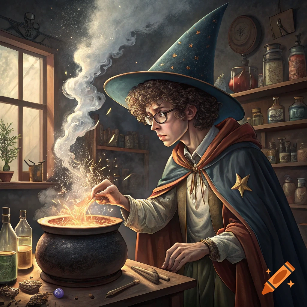 A young wizard in a pointy hat and robe brews a sparking potion in a cauldron in a dim laboratory.