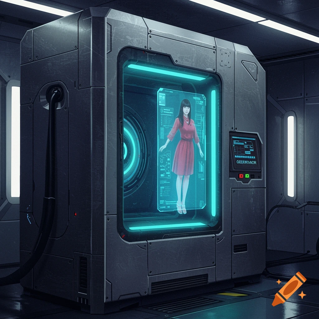 A futuristic machine with a holographic woman projection in a sterile lab.