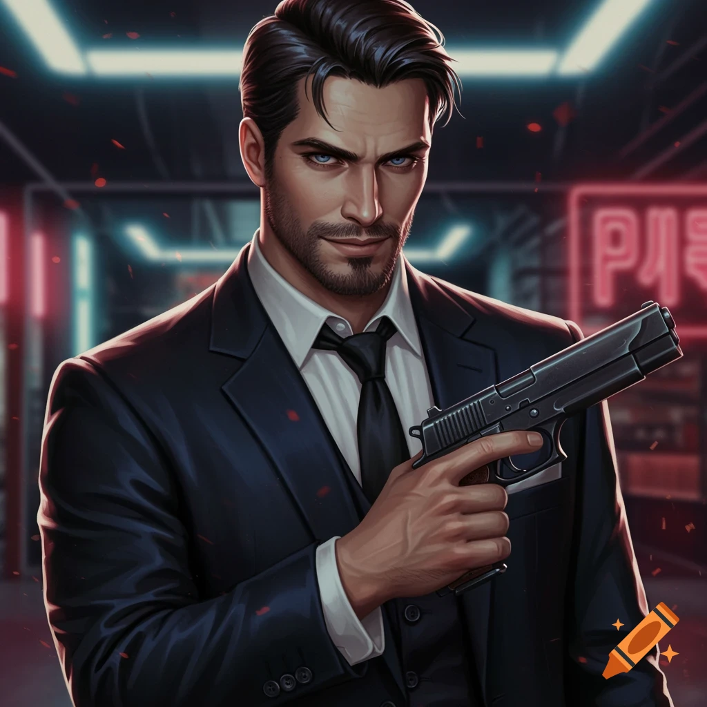 A dark-haired man in a suit holding a handgun in a neon-lit background.