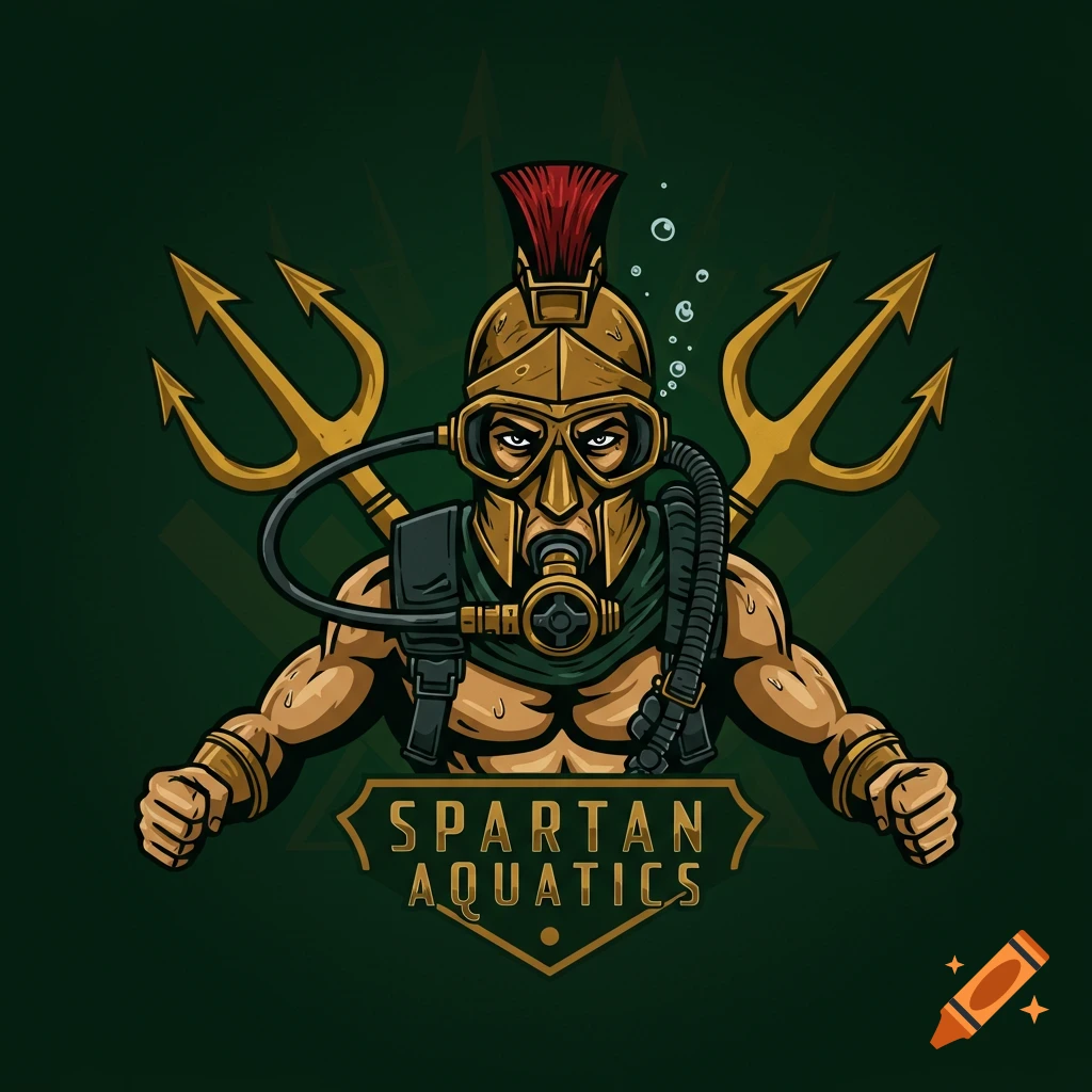 Stylized illustration of a Spartan diver with tridents and 'Spartan Aquatics' logo.