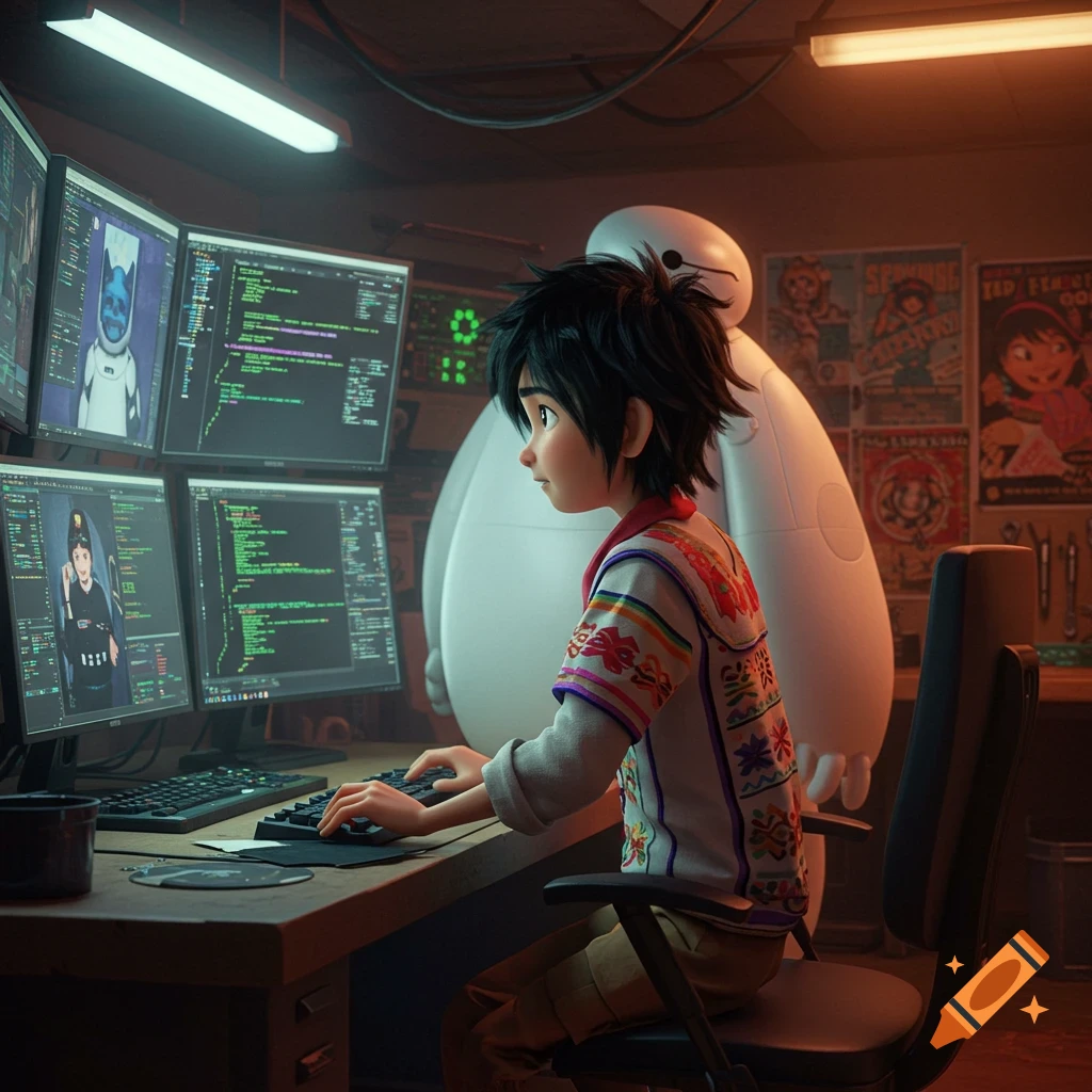 3D animation of Hiro Hamada coding at computers with Baymax standing behind him.
