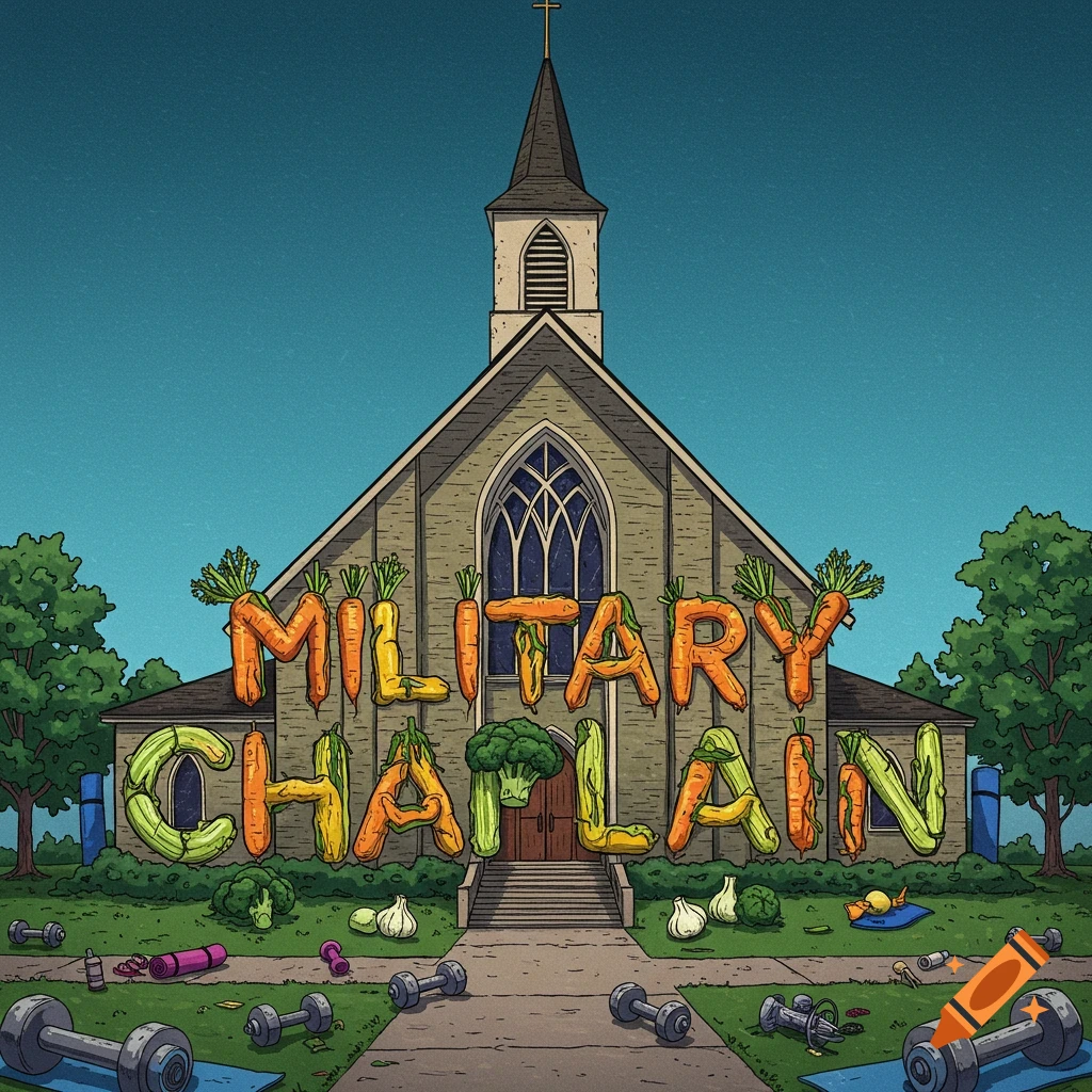 Cartoon church covered in vegetable letters spelling MILITARY CHAPLAIN, with dumbbells and yoga mats on the lawn.