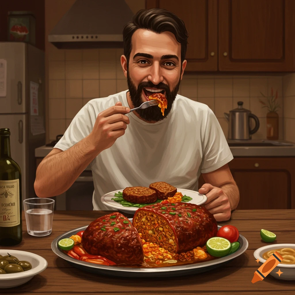 A man eating Moroccan meatloaf at a kitchen table.