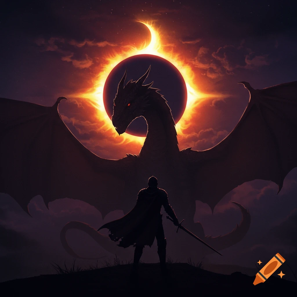 Silhouette of a knight standing before a dragon against an eclipse.