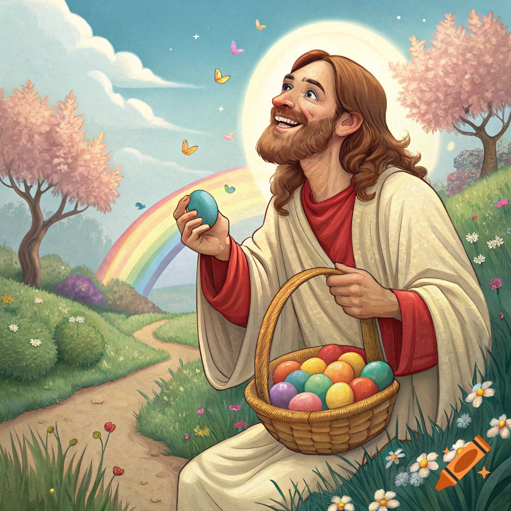 Jesus holds an Easter egg and a basket of eggs in a spring field with a rainbow and butterflies.