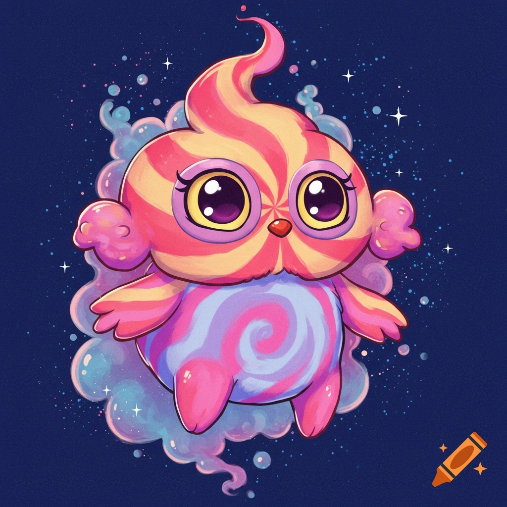 A cute, colorful fantasy creature floats on a cloud with stars