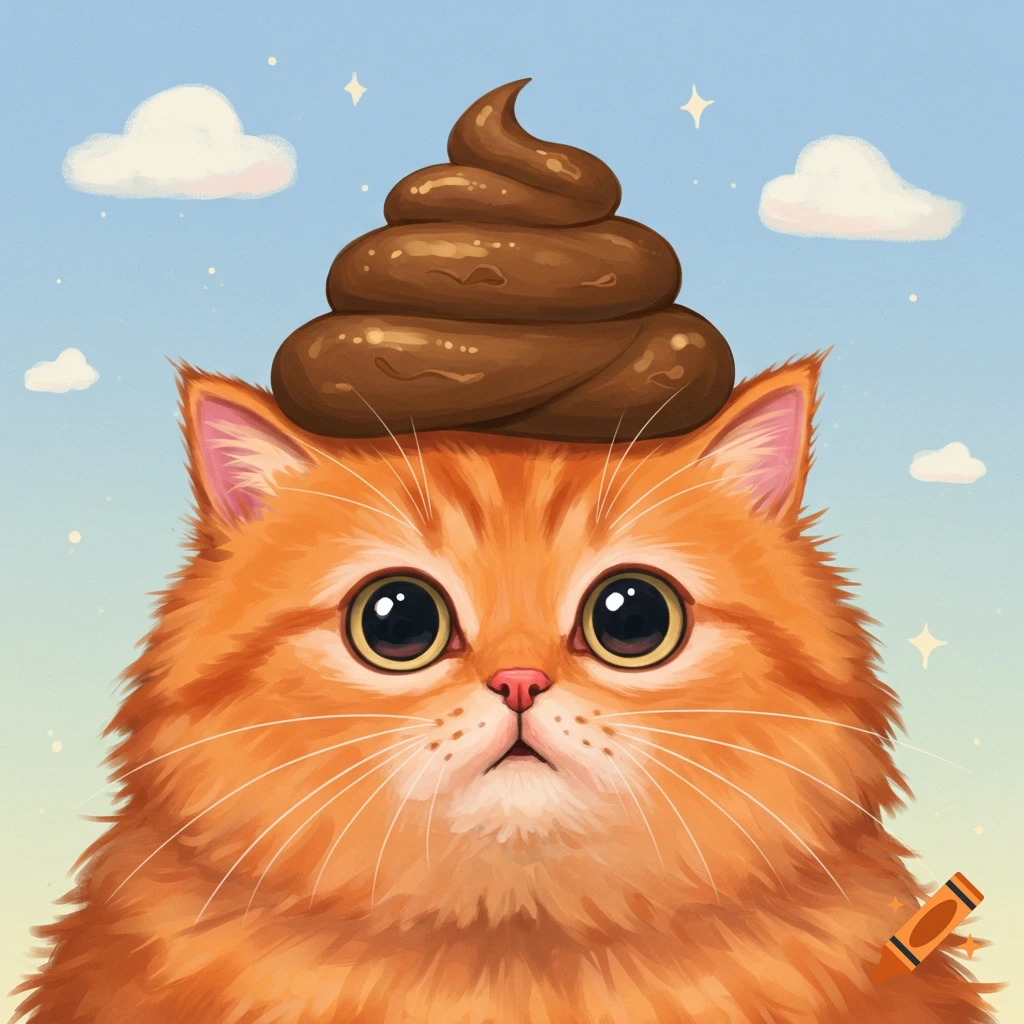 A fluffy orange cat with a pile of poop on its head against a sky background.