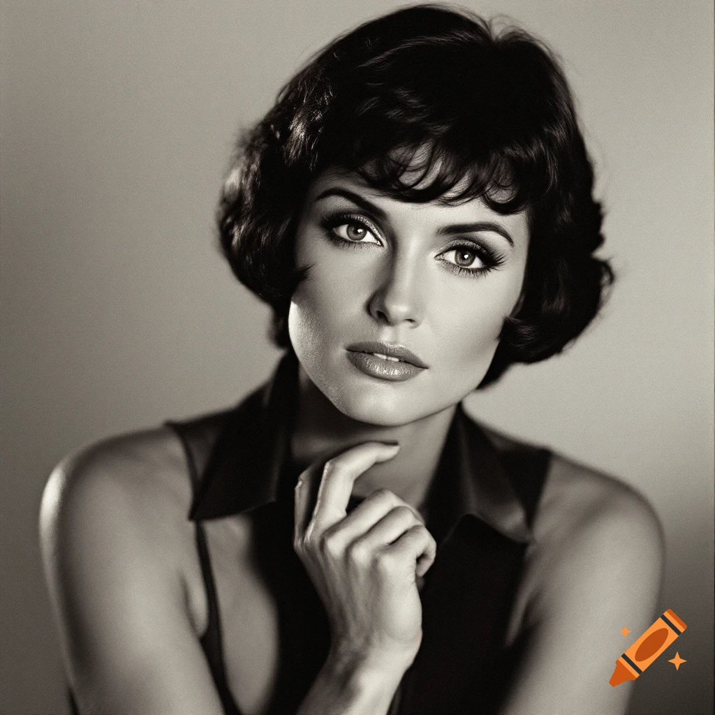 Black and white portrait of a woman with short dark hair and hand on chin