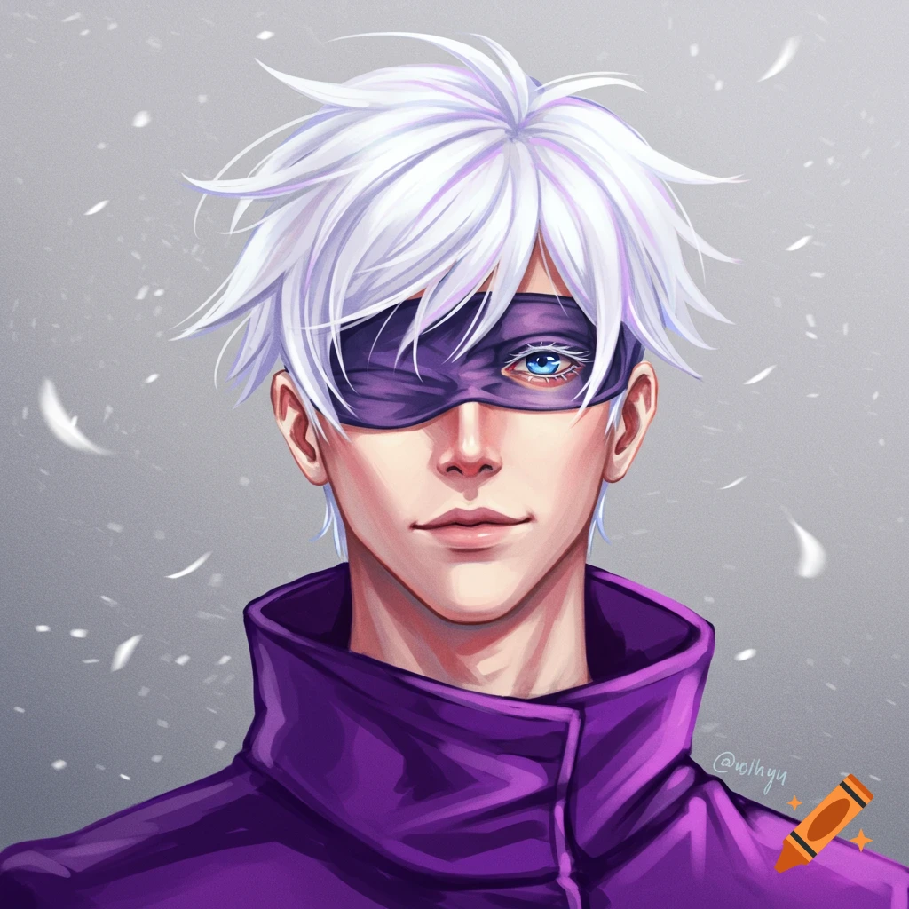 Anime character Gojo Satoru with white hair, purple blindfold, and jacket.