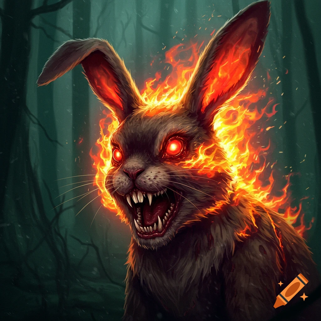Scary rabbit on fire with red eyes and sharp teeth in a dark forest.