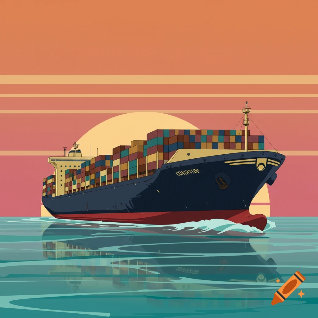 An art deco image of a container ship sailing on the water at sunset.