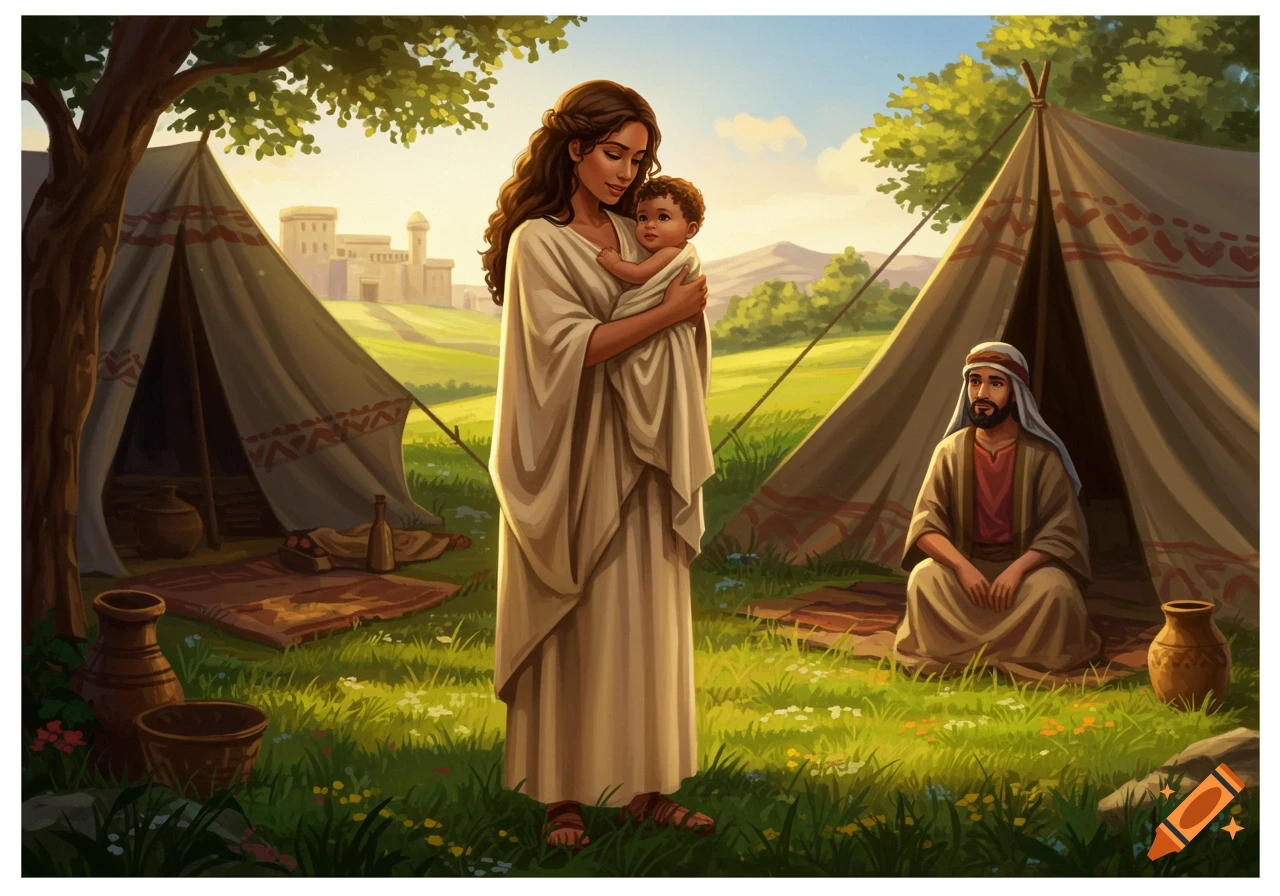 A woman holding a baby outside tents in an ancient landscape, with a man sitting nearby.
