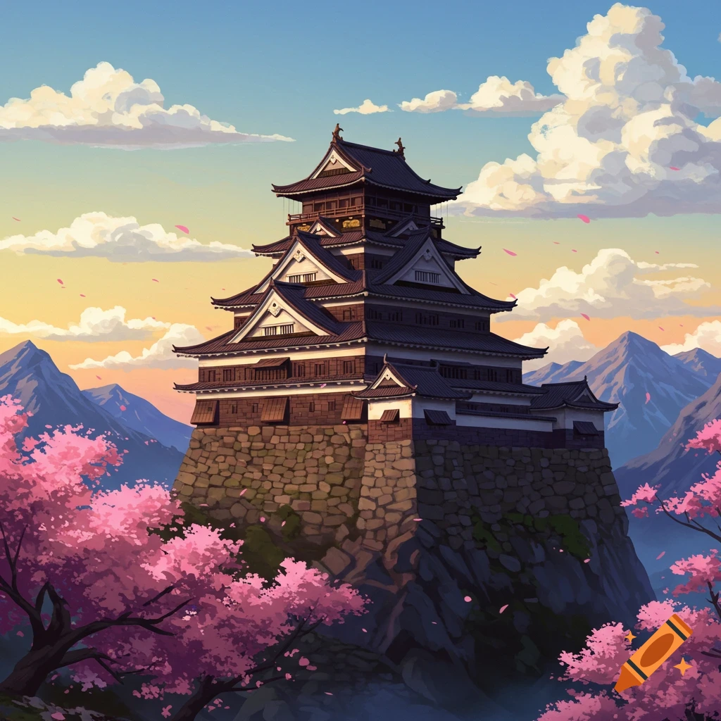 A Japanese castle sits on a hill, surrounded by cherry blossoms, with mountains in the distance under a sunset sky.