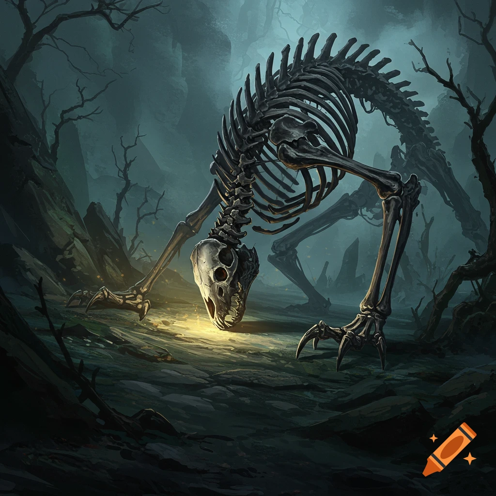 A giant skeletal creature bending down in a dark forest.