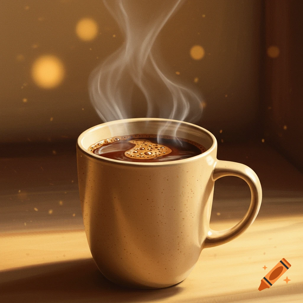 A steaming cup of coffee sits on a table.