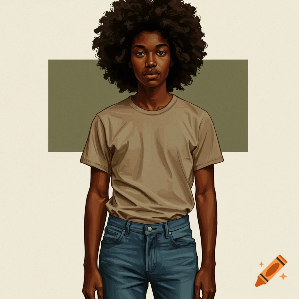 A person with an afro in a t-shirt and jeans against a colored background.